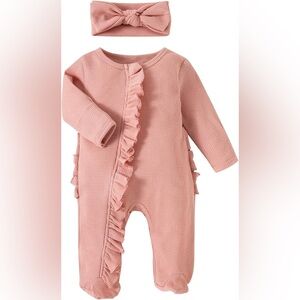 Newborn Baby Romper One-Piece, Waffle Ruffle Zip Footie